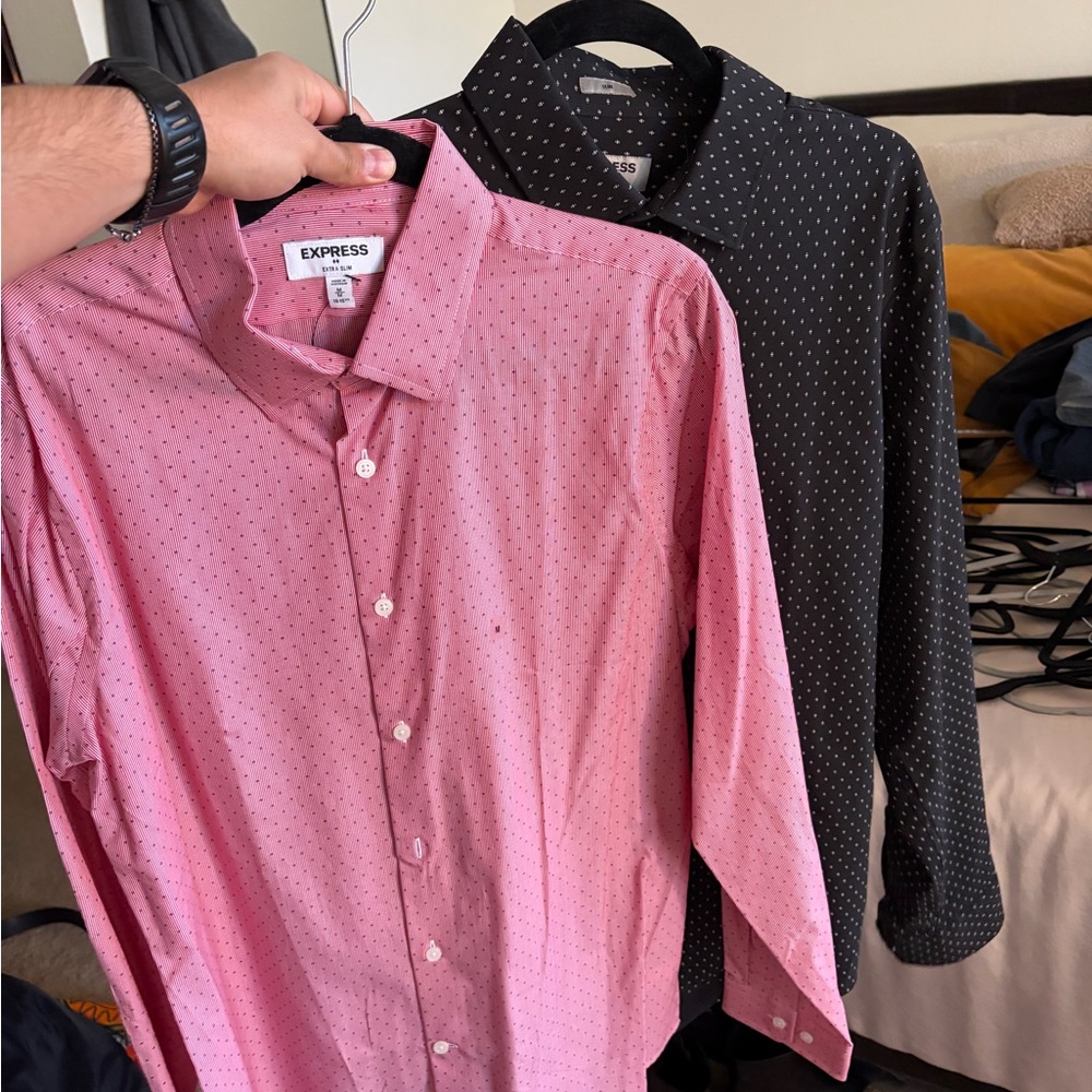 Express Men's Pink and Black Dot Pattern Shirts
